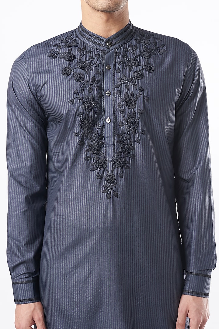 Charcoal Silk Embroidered Kurta Set by Pinnacle By Shruti Sancheti Men at Pernia's Pop Up Shop