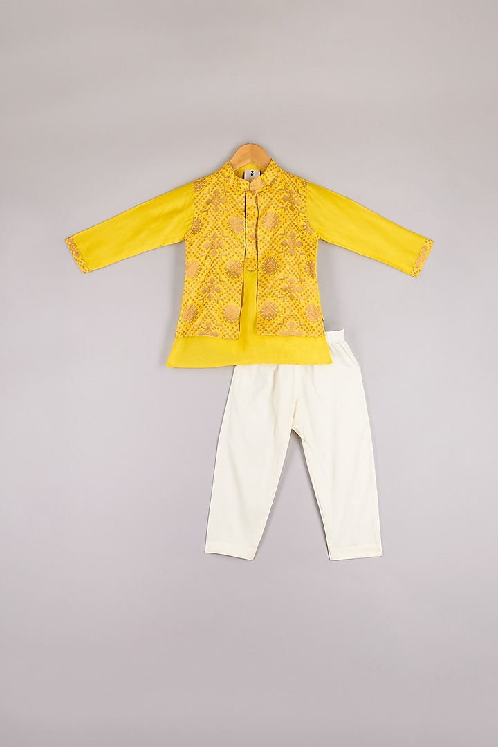 Yellow Brocade & Silk Kurta Set For Boys by P & S Co