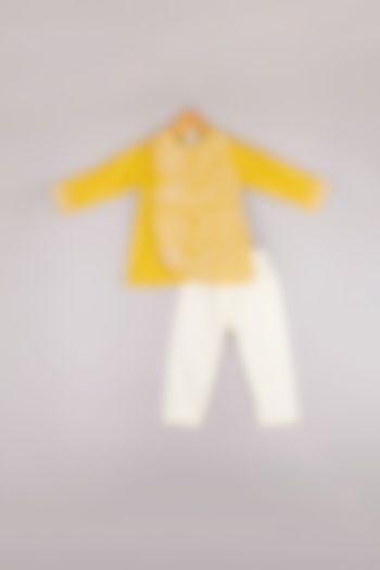 Yellow Tissue Embroidered Kurta Set For Boys by P & S Co