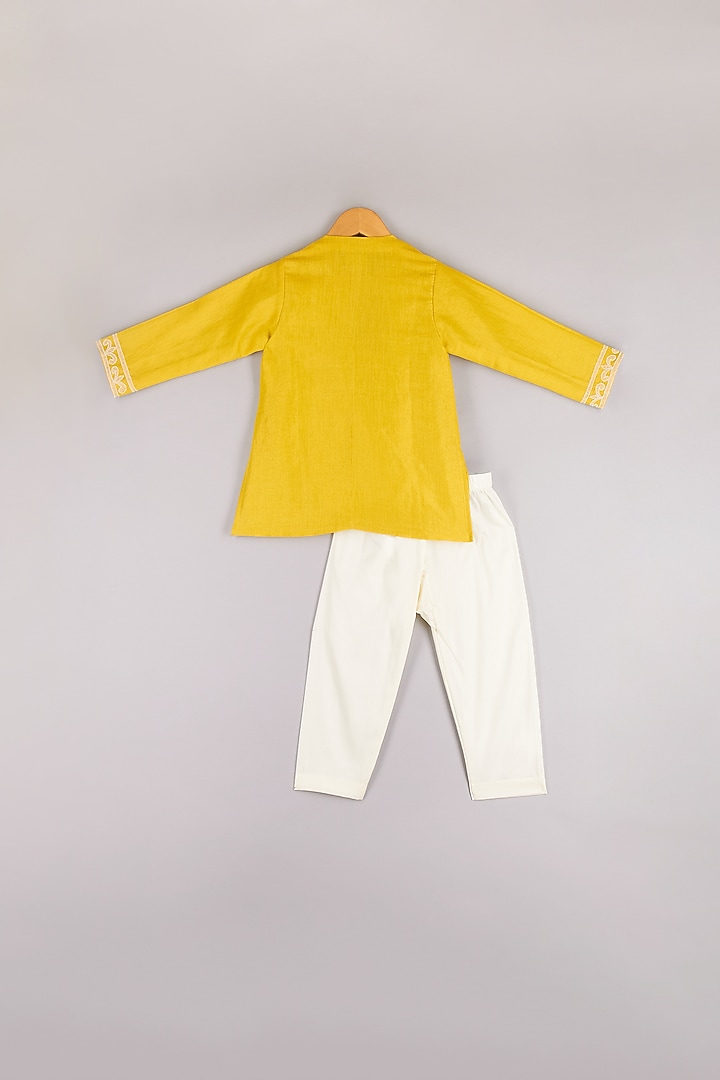 Yellow Tissue Embroidered Kurta Set For Boys by P & S Co at Pernia's Pop Up Shop