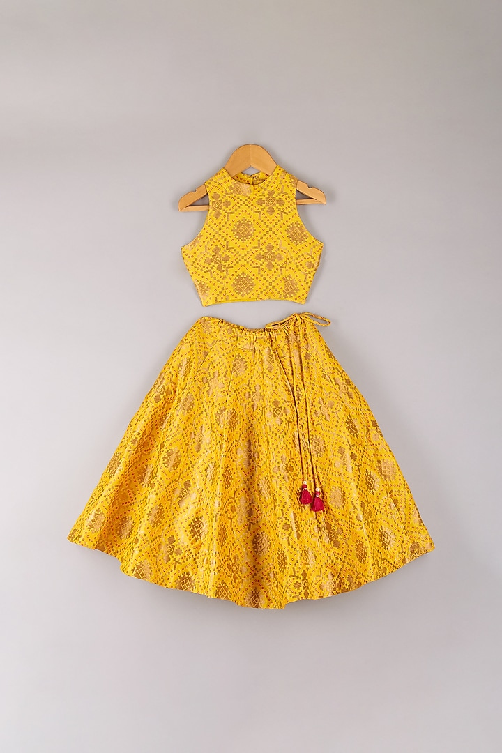 Yellow Brocade Lehenga Set For Girls by P & S Co