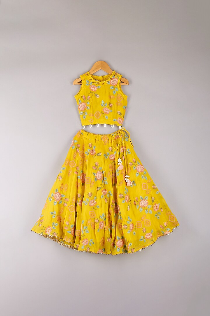 Yellow Organza Embroidered Lehenga Set For Girls by P & S Co