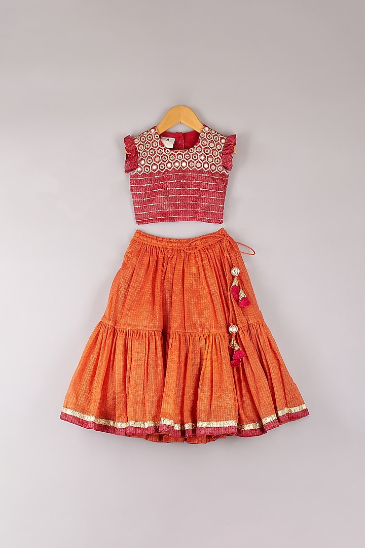 Orange Embroidered Lehenga Set For Girls by P & S Co