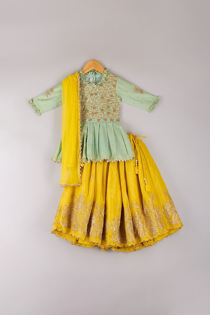 Yellow Tissue & Net Embroidered Lehenga Set For Girls by P & S Co