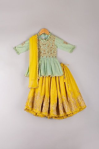 Yellow Tissue & Net Embroidered Lehenga Set For Girls by P & S Co