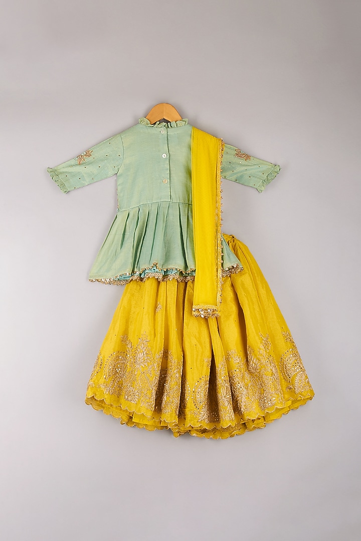 Yellow Tissue & Net Embroidered Lehenga Set For Girls by P & S Co at Pernia's Pop Up Shop