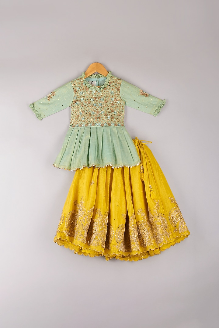 Yellow Tissue & Net Embroidered Lehenga Set For Girls by P & S Co at Pernia's Pop Up Shop