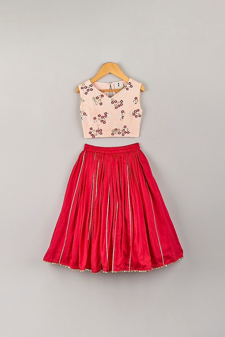 Fuchsia Silk Skirt Set For Girls by P & S Co