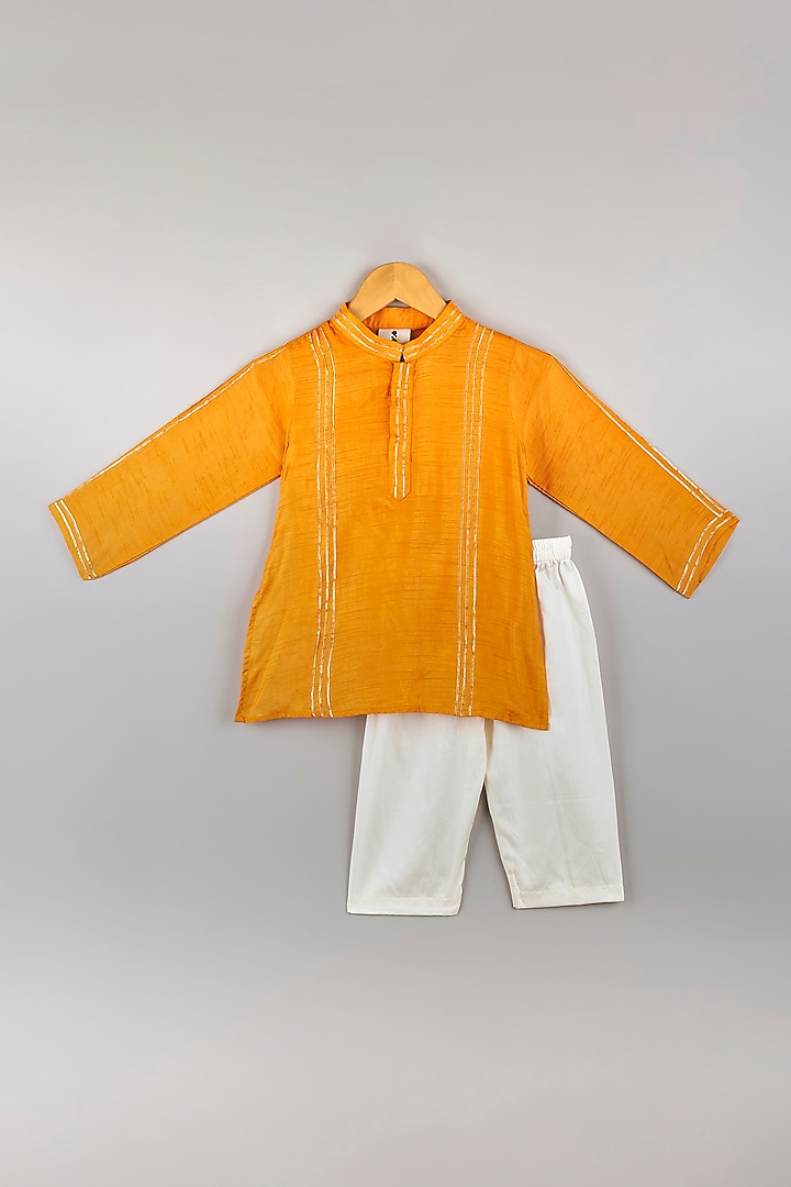 Mustard Embroidered Kurta Set For Boys by P & S Co at Pernia's Pop Up Shop