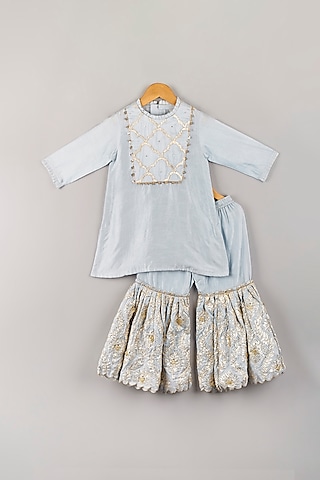 Powder Blue Embroidered Sharara Set For Girls by P & S Co