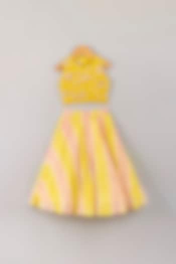 Butter Yellow & Blush Pink Leheriya Lehenga Set For Girls by P & S Co