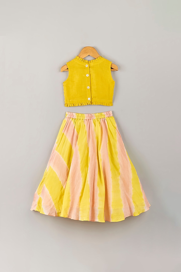 Butter Yellow & Blush Pink Leheriya Lehenga Set For Girls by P & S Co at Pernia's Pop Up Shop