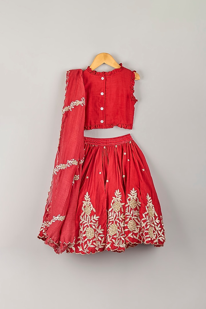 Cadmium Red Embroidered Lehenga Set For Girls by P & S Co at Pernia's Pop Up Shop