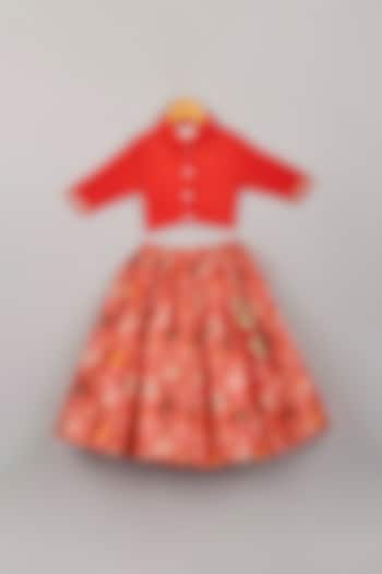 Cadmium Red Printed Lehenga Set For Girls by P & S Co