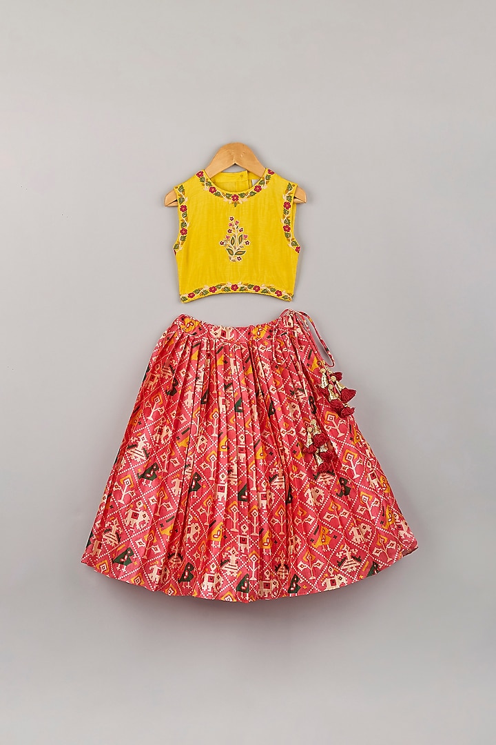 Coral Red Printed Lehenga Set For Girls by P & S Co