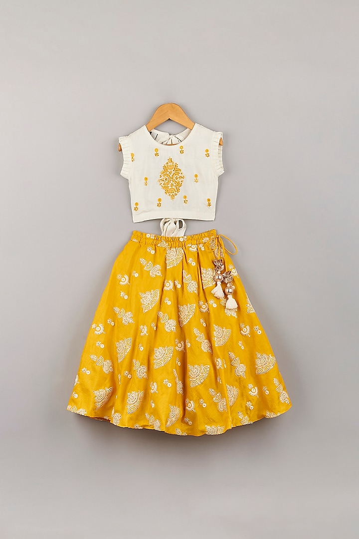 Citrus Yellow Embroidered Lehenga Set For Girls by P & S Co