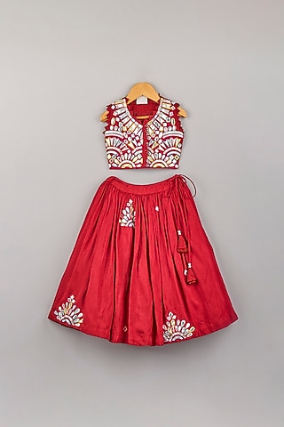 Clear Red Silk Lehenga Set For Girls by P & S Co