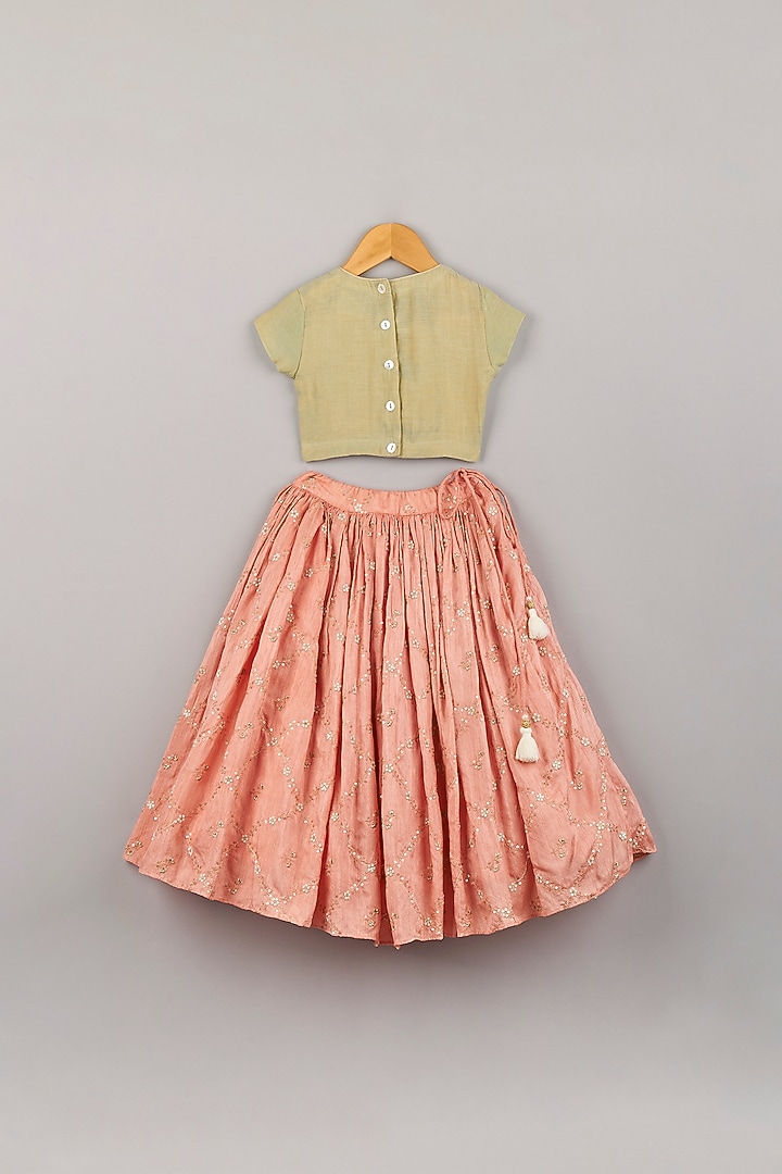 Peach Silk & Tissue Lehenga Set For Girls by P & S Co at Pernia's Pop Up Shop