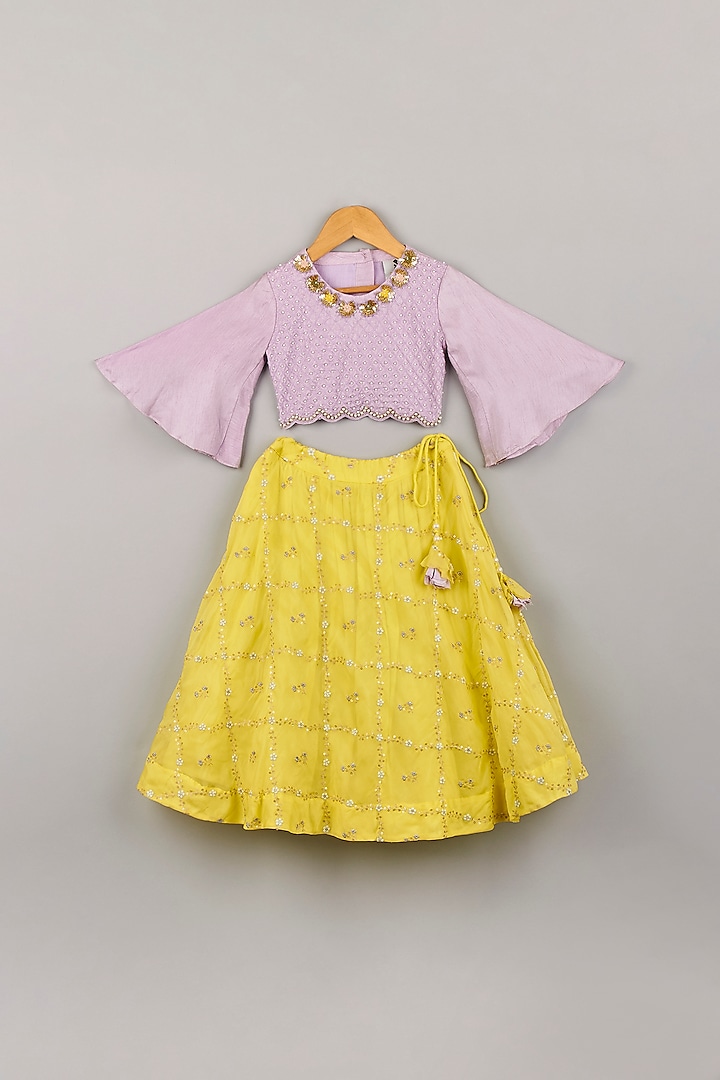 Bright Yellow Embroidered Lehenga Set For Girls by P & S Co