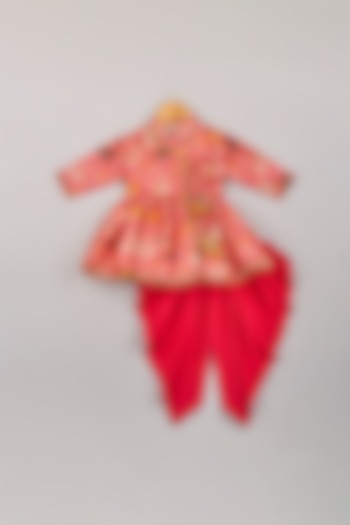 Fiery Red Tussar Silk Dhoti Set For Girls by P & S Co