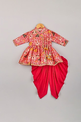 Fiery Red Tussar Silk Dhoti Set For Girls by P & S Co