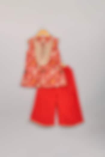 Fiery Red Printed Kurta Set For Girls by P & S Co