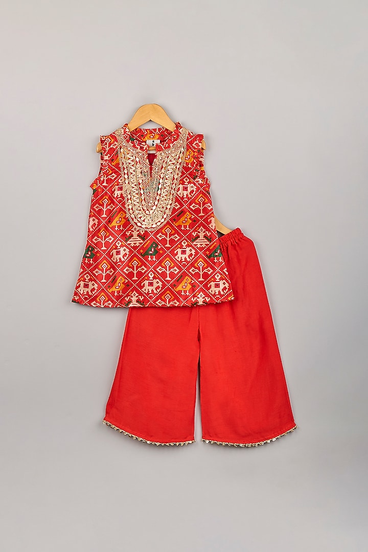 Fiery Red Printed Kurta Set For Girls by P & S Co