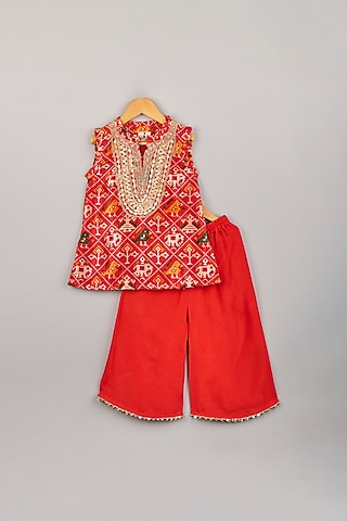 Fiery Red Printed Kurta Set For Girls by P & S Co