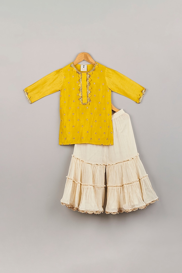 Off-White Mulmul Double-Layered Sharara Set For Girls by P & S Co