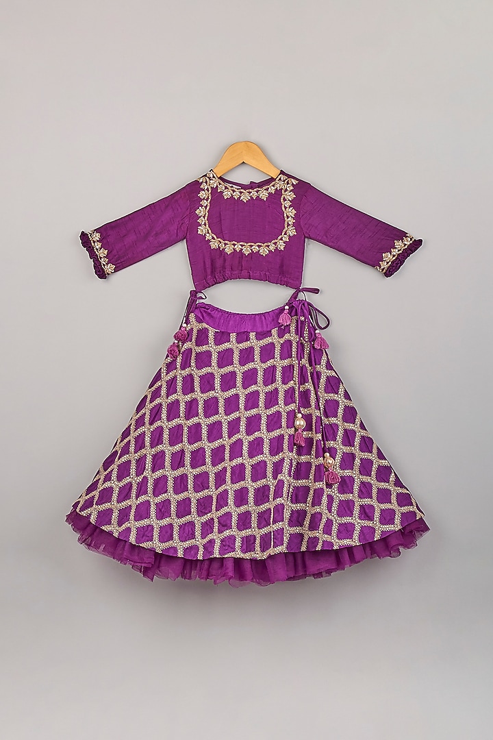 Purple Hand Embroidered Lehenga Set For Girls by P & S Co