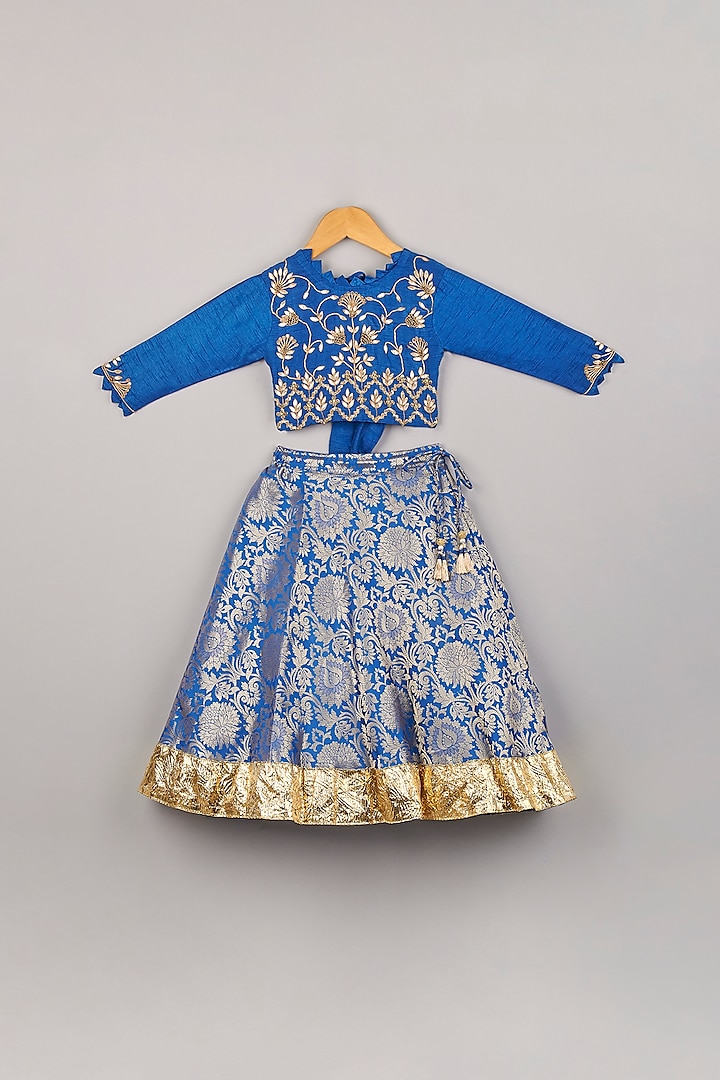 Celtic Blue Embroidered Lehenga Set For Girls by P & S Co