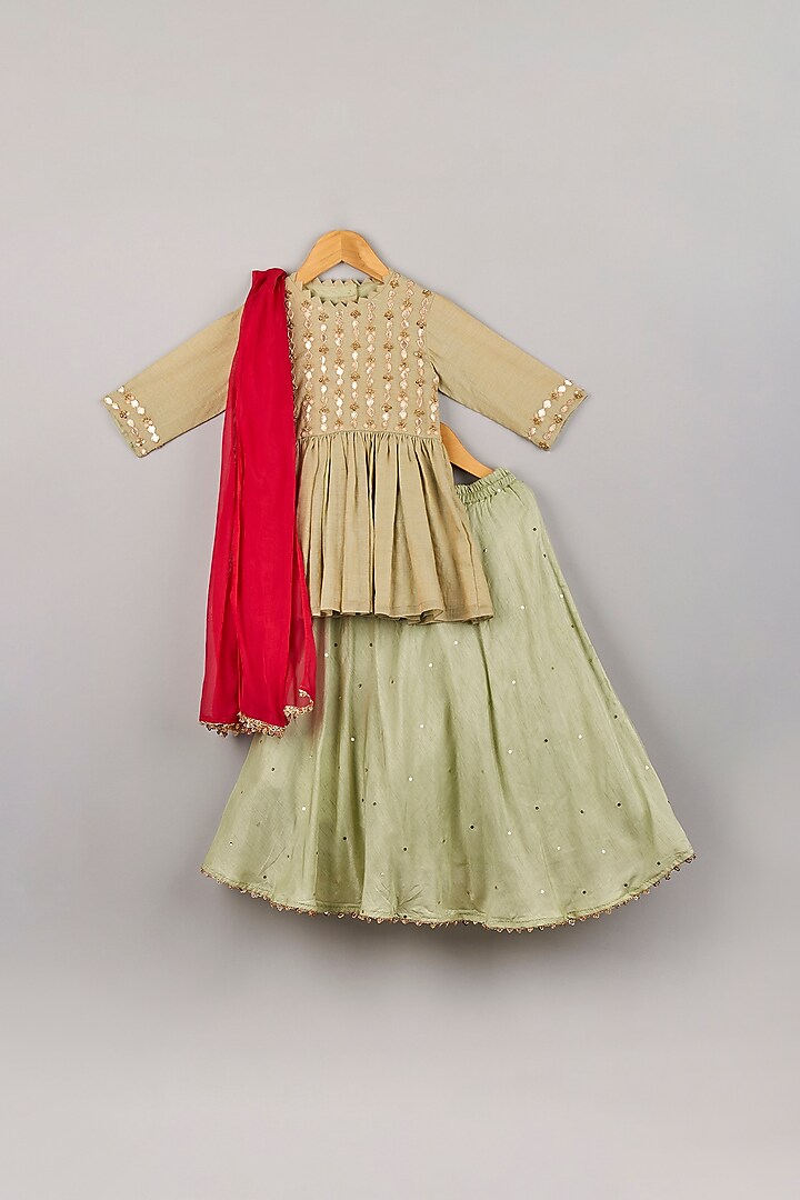 Sage Green Embroidered Lehenga Set For Girls by P & S Co