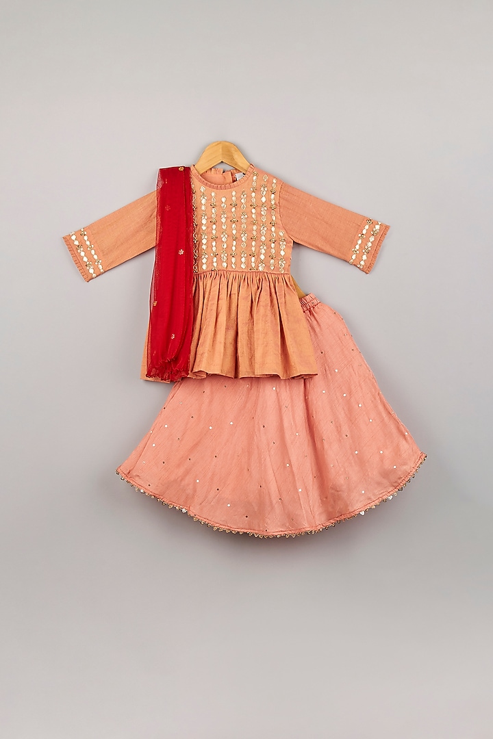Peach Embroidered Lehenga Set For Girls by P & S Co