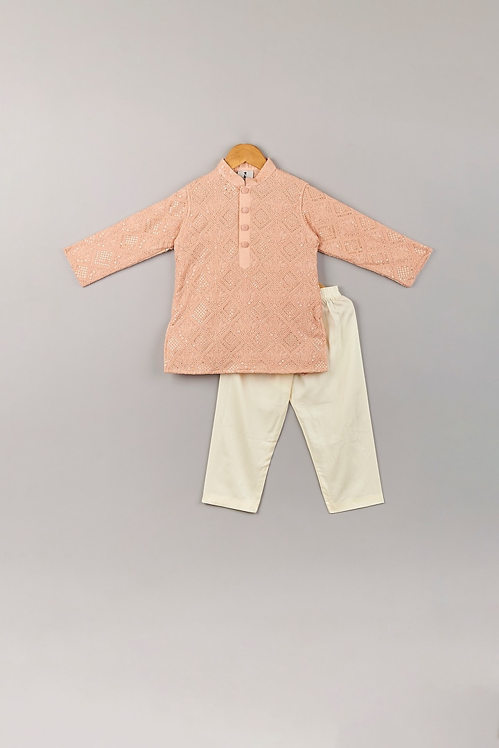 Peach Embroidered Kurta Set For Boys by P & S Co