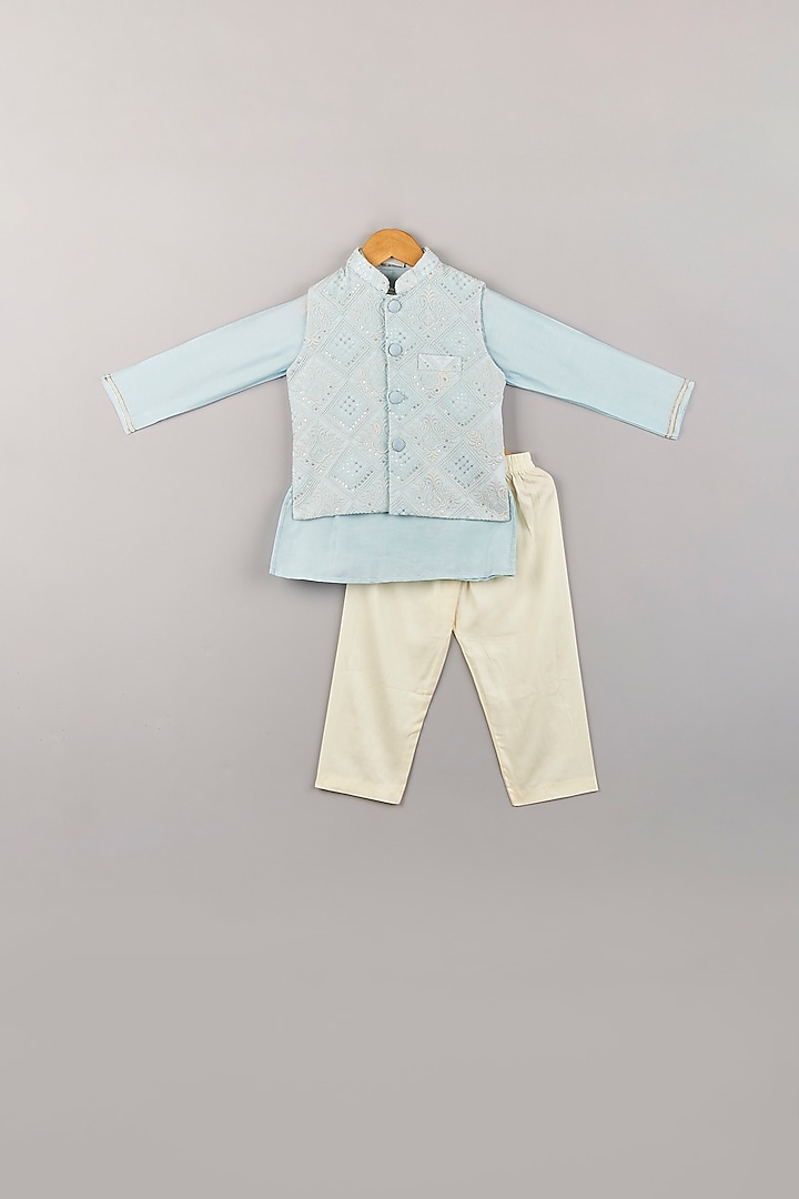 Powder Blue Kurta Set With Embroidered Nehru Jacket For Boys by P & S Co