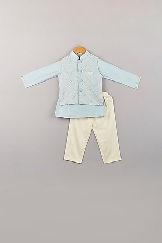 Powder Blue Kurta Set With Embroidered Nehru Jacket For Boys by P & S Co
