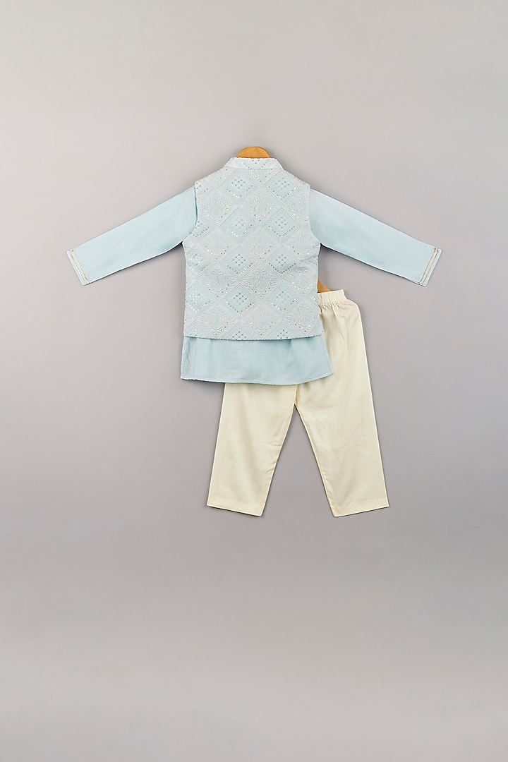 Powder Blue Kurta Set With Embroidered Nehru Jacket For Boys by P & S Co at Pernia's Pop Up Shop