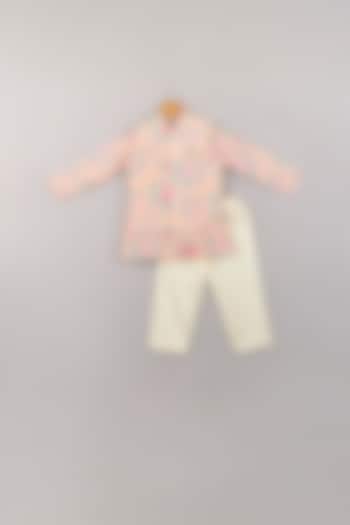 Baby Pink Silk Printed Kurta Set With Bundi Jacket For Boys by P & S Co