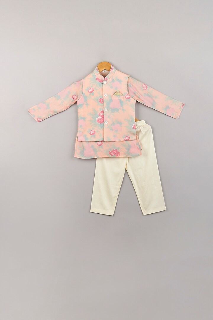 Baby Pink Silk Printed Kurta Set With Bundi Jacket For Boys by P & S Co