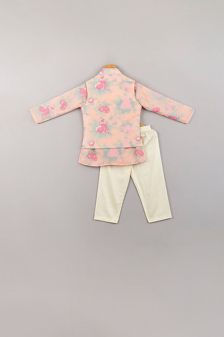Baby Pink Silk Printed Kurta Set With Bundi Jacket For Boys by P & S Co at Pernia's Pop Up Shop