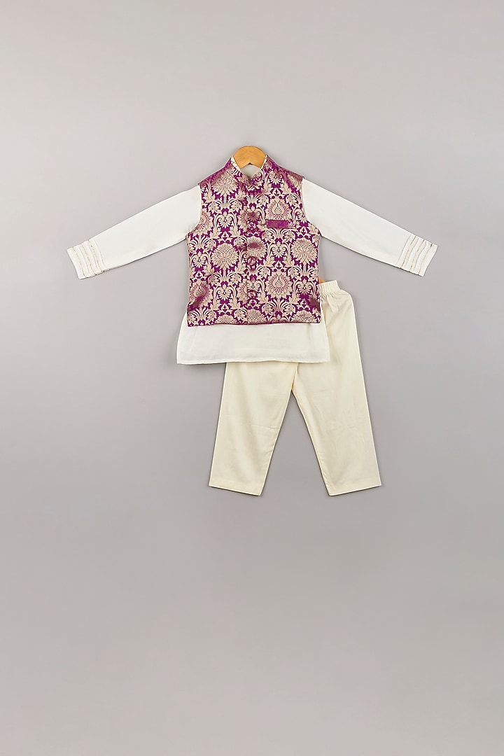 Purple Brocade Bundi Jacket With Kurta Set For Boys by P & S Co at Pernia's Pop Up Shop