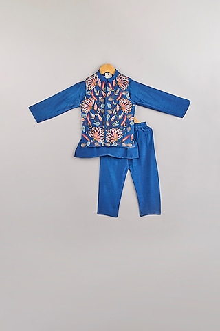 Cobalt Blue Silk Kurta Set With Bundi Jacket For Boys by P & S Co