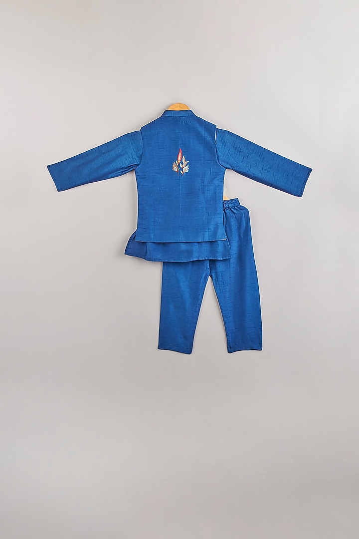 Cobalt Blue Silk Kurta Set With Bundi Jacket For Boys by P & S Co at Pernia's Pop Up Shop