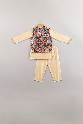 Navy Blue Printed Bundi Jacket With Kurta Set For Boys by P & S Co