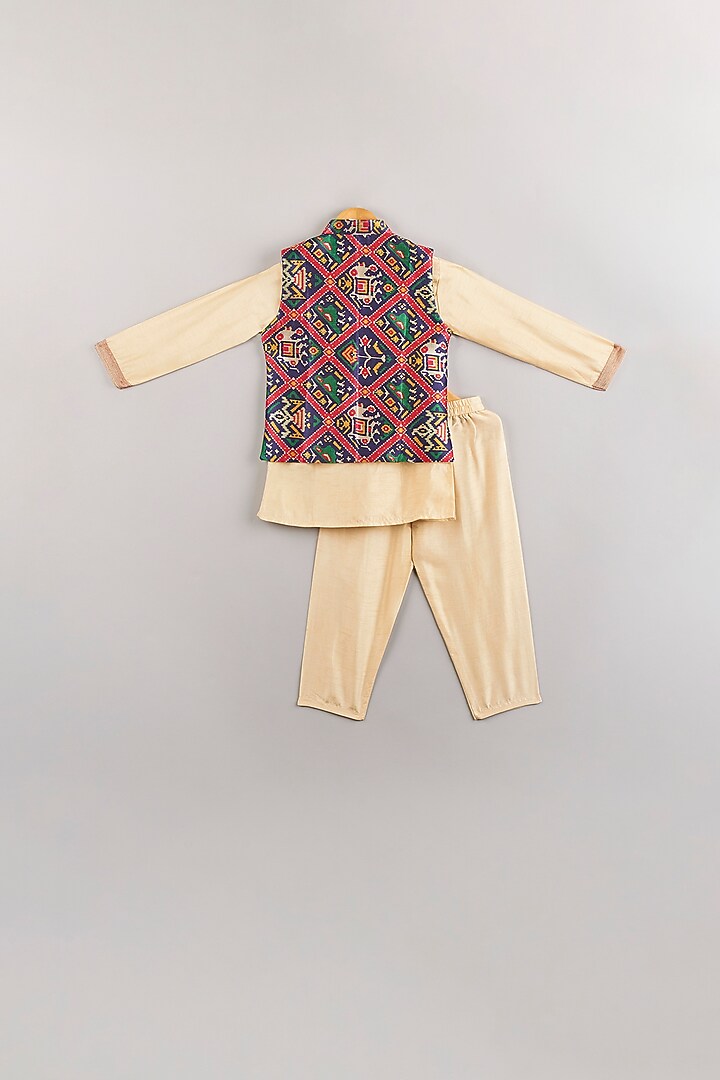 Navy Blue Printed Bundi Jacket With Kurta Set For Boys by P & S Co at Pernia's Pop Up Shop