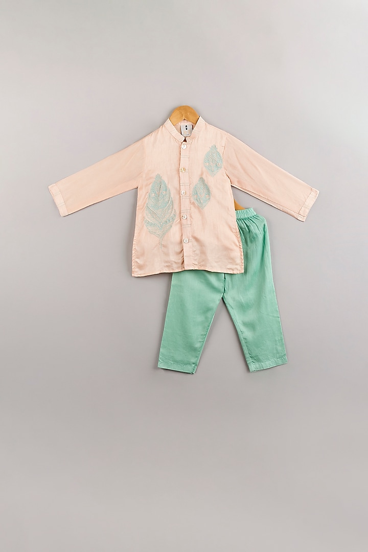 Peach Silk Embroidered Kurta Set For Boys by P & S Co