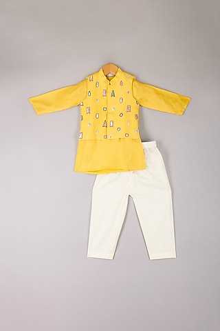 Yellow Kurta Set With Jacket For Boys by P & S Co