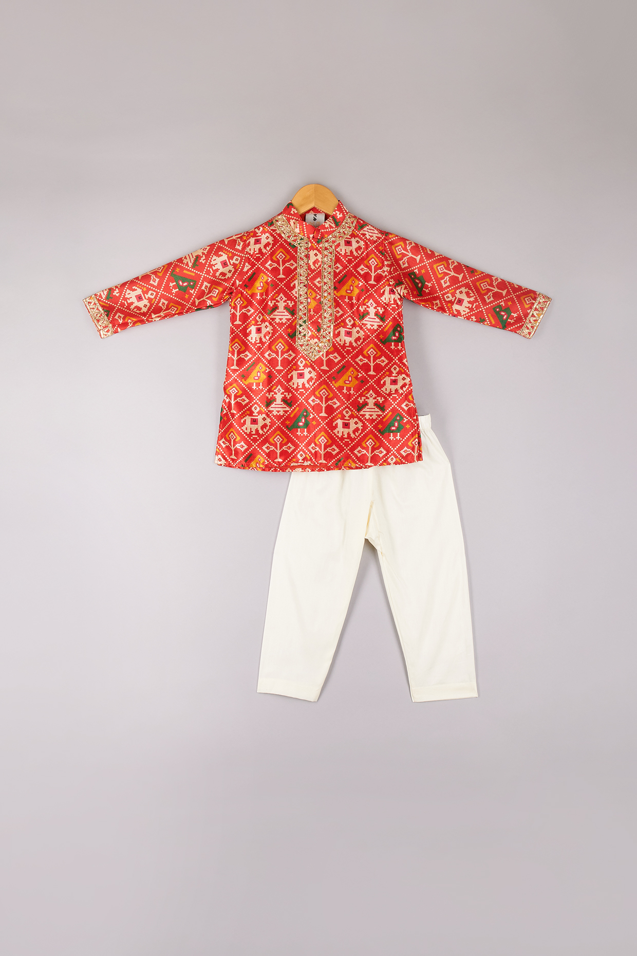 Red Silk Printed Kurta Set For Boys by P & S Co at Pernia's Pop Up Shop