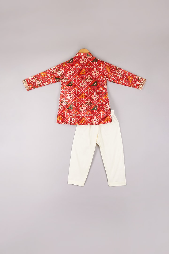 Red Silk Printed Kurta Set For Boys by P & S Co at Pernia's Pop Up Shop
