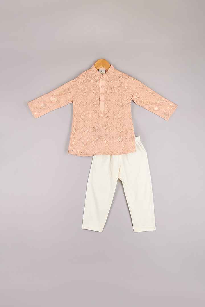 Peach Lucknowi Embroidered Kurta Set For Boys by P & S Co